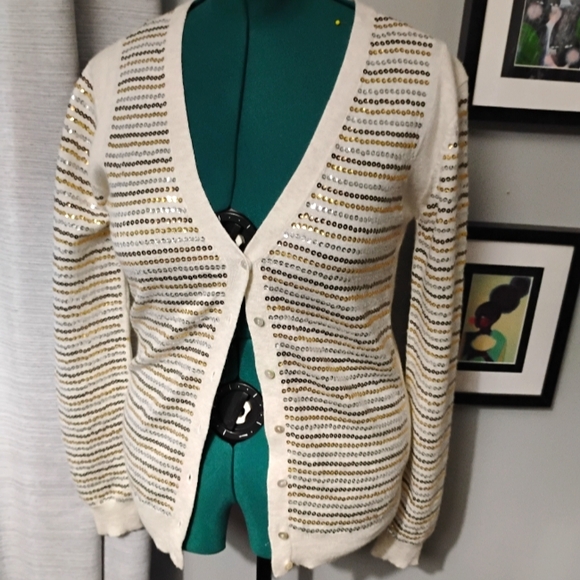 Mango Sweaters - Mango Sequin Striped Knit Cardigan in Cream Gold Silver & Copper Sz L NWT